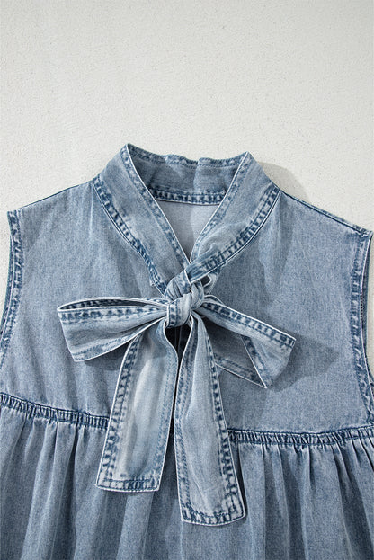 Beau Blue Bowknot Neck Sleeveless Ruffled Chambray Dress