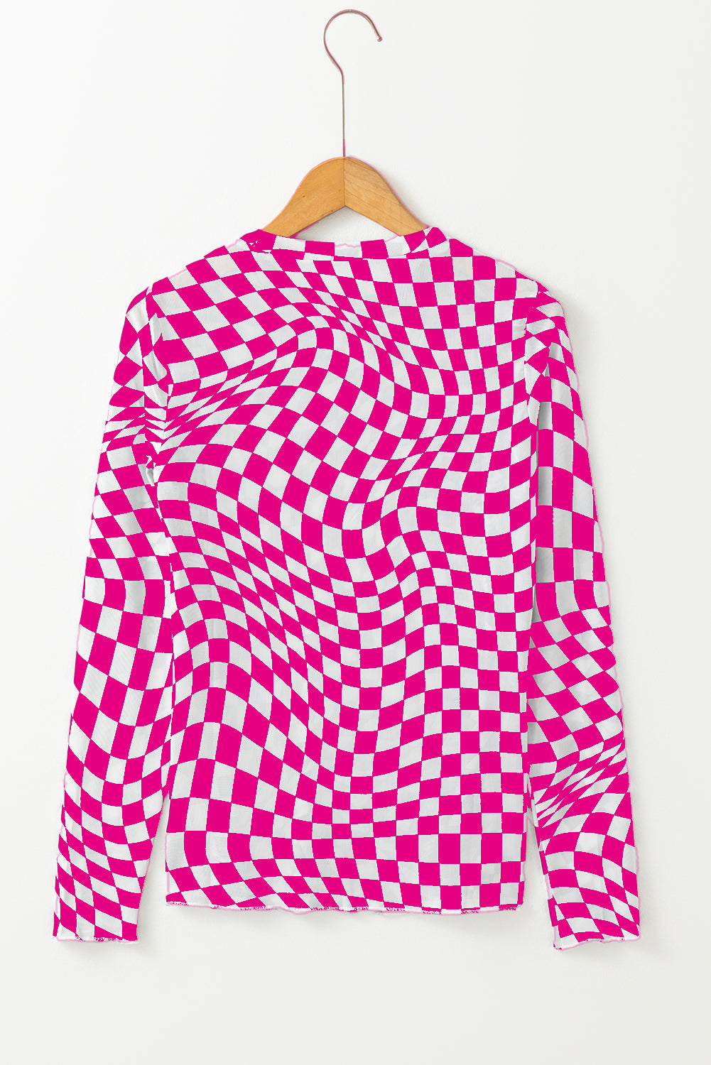 Khaki Checkered Pattern Mesh Mock Neck Long Sleeve Top