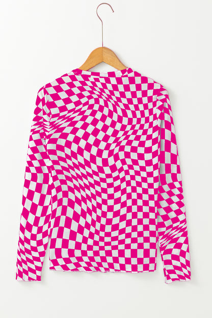 Khaki Checkered Pattern Mesh Mock Neck Long Sleeve Top