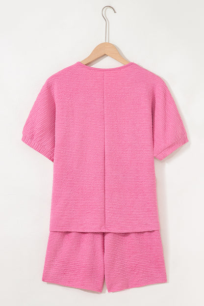 Orange Textured V Neck T Shirt and Shorts Set