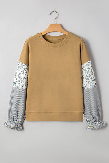 Camel Floral Striped Patchwork Ruffled Sleeve Crew Neck Sweatshirt