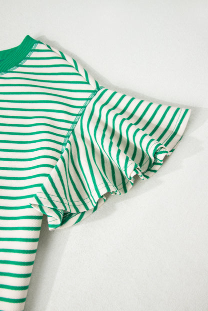 Contrast Detail Striped Ruffle Short Sleeve Top