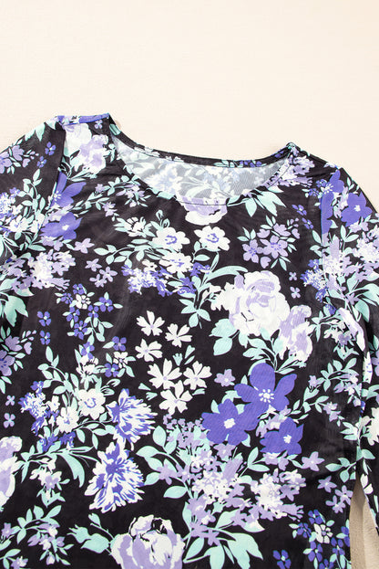 Green Floral Print Mesh Fitted Long Sleeve Top