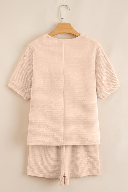 Orange Textured V Neck T Shirt and Shorts Set