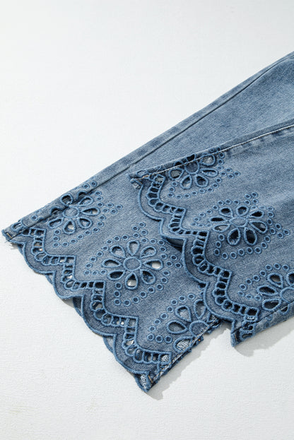 Dusk Blue Embroidered Cropped Wide Leg High Waist Jeans