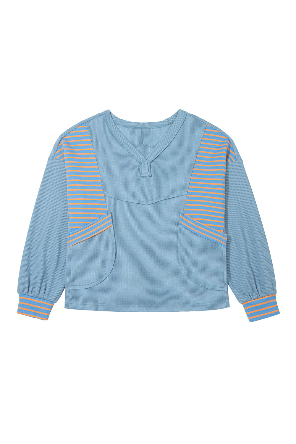 Meadow Mist Green Exposed Seam Waffle Striped Patchwork Baggy Pullover