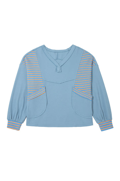 Meadow Mist Green Exposed Seam Waffle Striped Patchwork Baggy Pullover