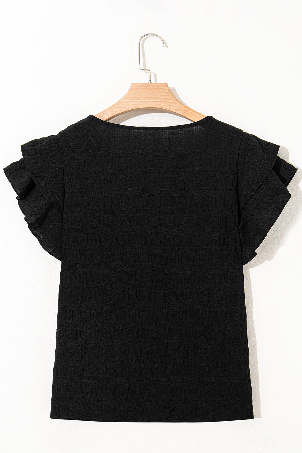 Dark Blue Textured Ruffled Sleeve Round Neck Top