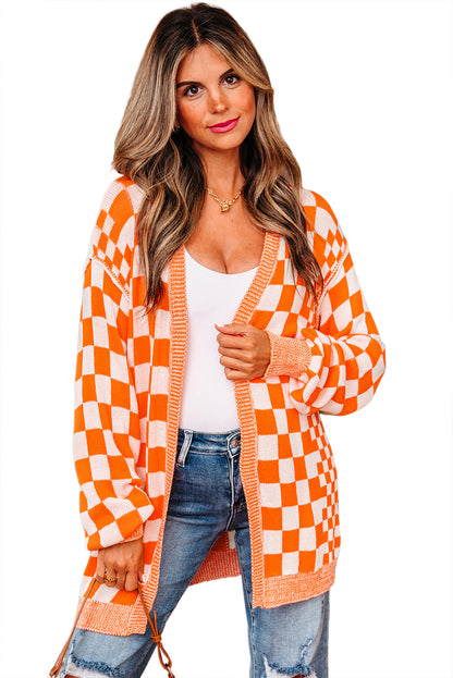 Black Checkered Open Front Drop Shoulder Cardigan