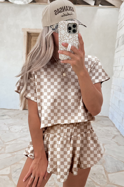 Black Checkerboard T Shirt and High Waist Skorts 2 Piece Outfit
