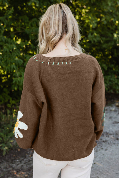 Coffee Big Flower Pattern V Neck Drop Shoulder Sweaterj