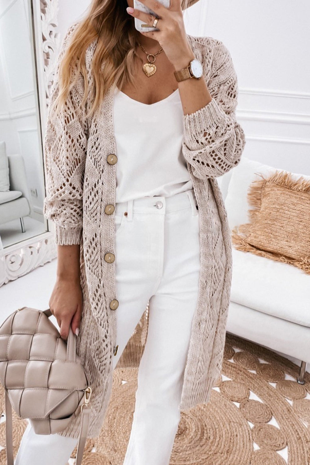 Gray Hollow-out Openwork Knit Cardigan