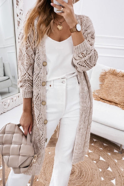 Gray Hollow-out Openwork Knit Cardigan