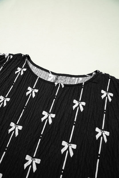 Beige Bow Print Puff Short Sleeve Top