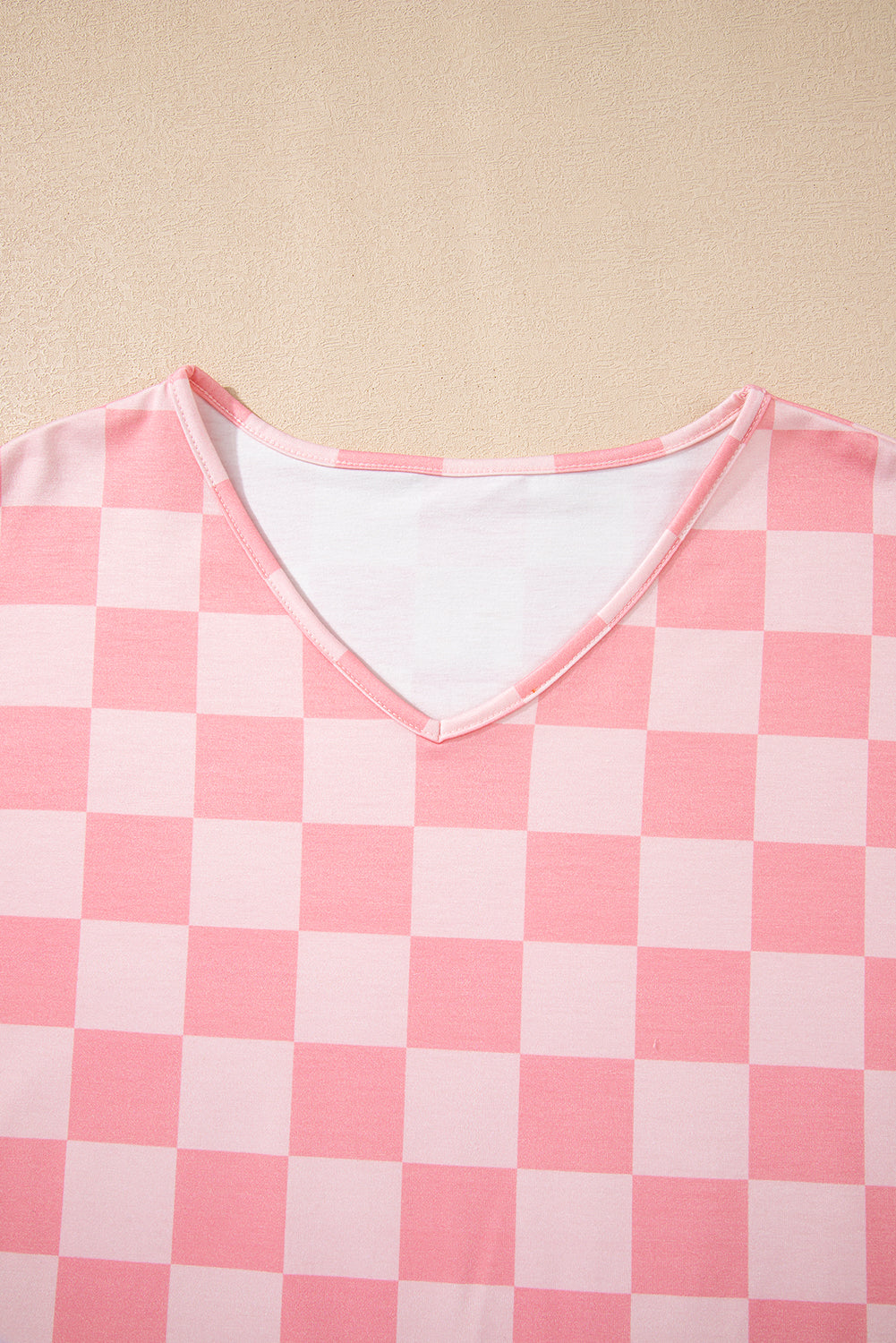 Beige Checkered V Neck Tee Drawstring Shorts Lounge Set