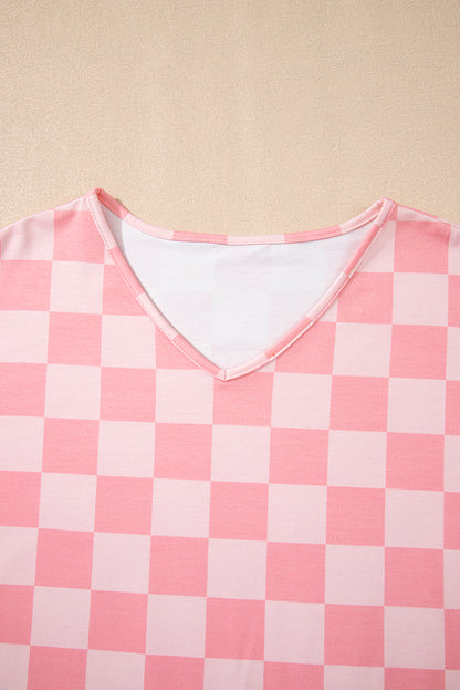 Beige Checkered V Neck Tee Drawstring Shorts Lounge Set