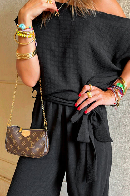 Black Checkered Mesh One Shoulder Short Sleeve Knotted Waist Jumpsuit by