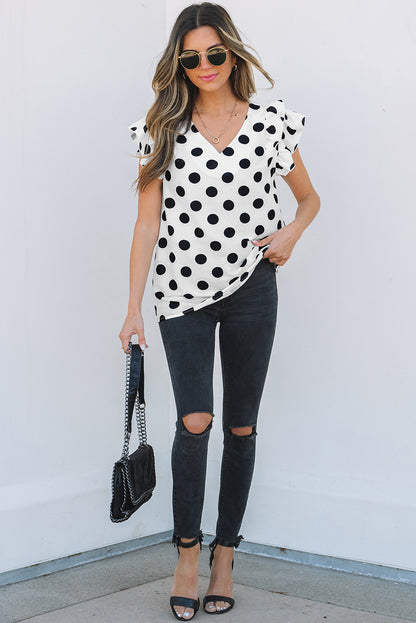 Black Polka Dot Print Ruffled Sleeve V Neck Blouse