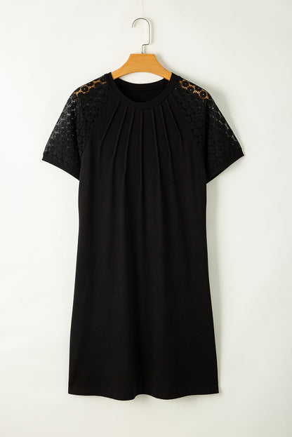Black Contrast Lace Raglan Sleeve Pleated Detail Shift Dress