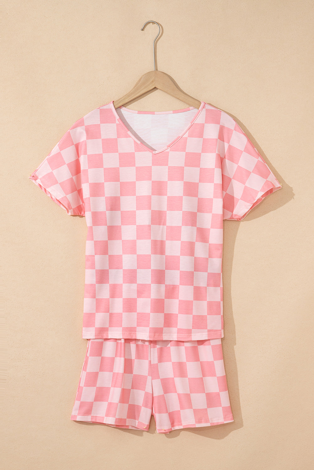 Beige Checkered V Neck Tee Drawstring Shorts Lounge Set