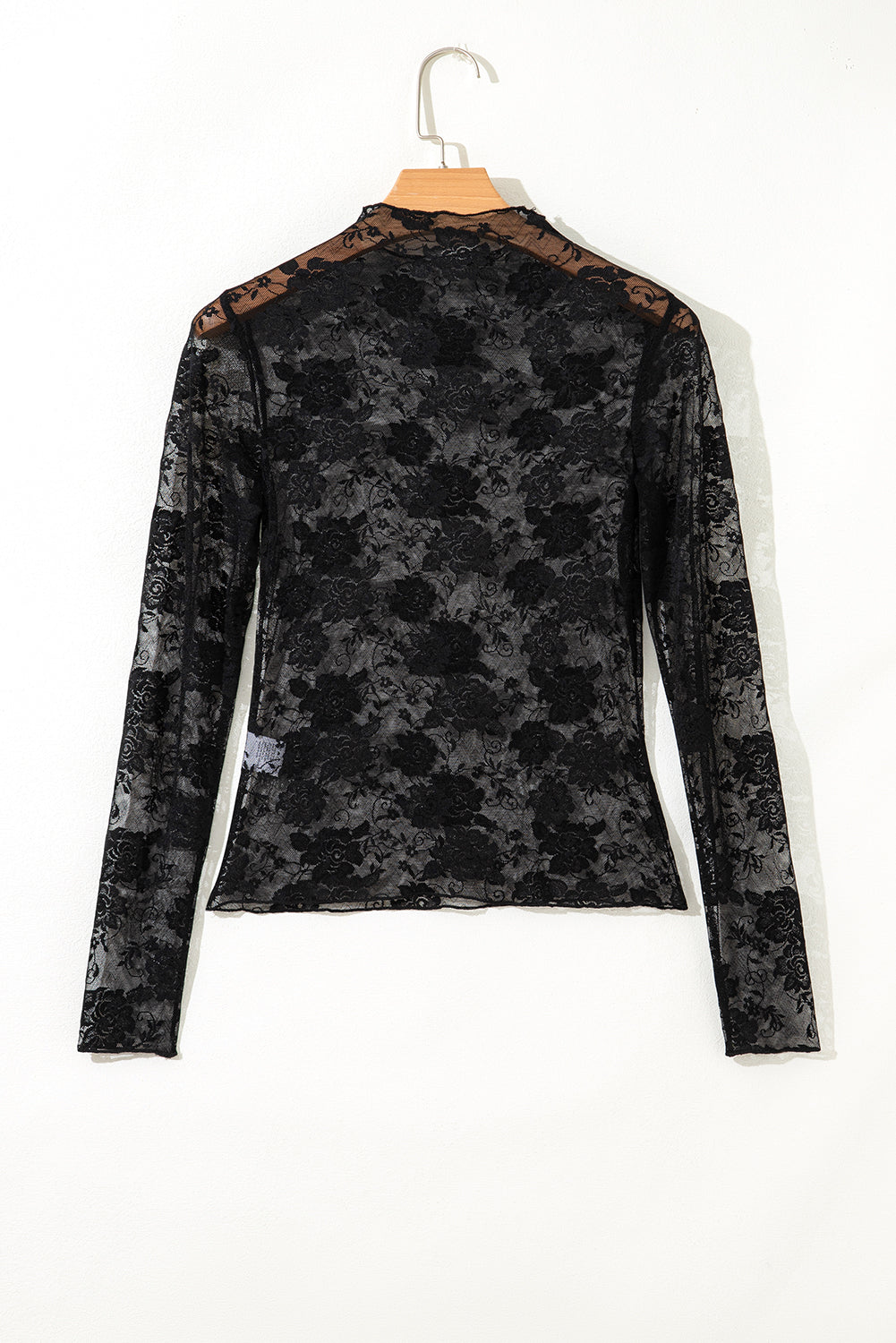 Apricot Pink Sheer Floral Lace Mesh Mock Neck Long Sleeve Top