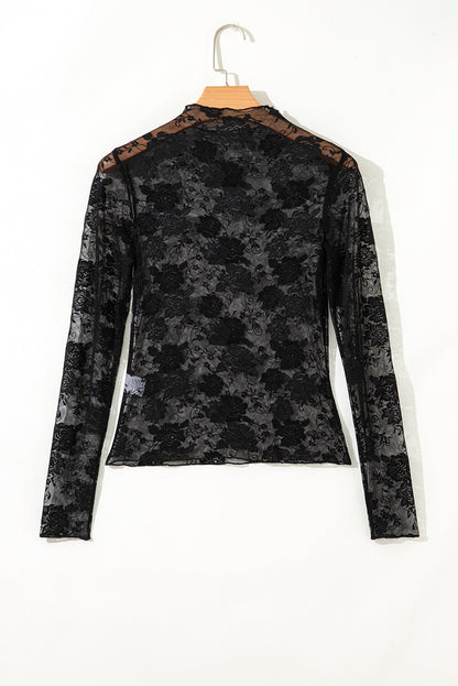 Apricot Pink Sheer Floral Lace Mesh Mock Neck Long Sleeve Top