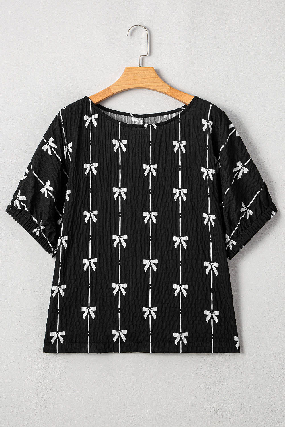Beige Bow Print Puff Short Sleeve Top