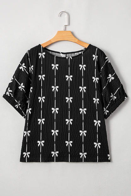 Beige Bow Print Puff Short Sleeve Top