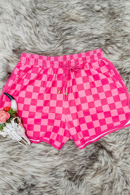 Black Checkered Drawstring Elastic Waist Casual Shorts