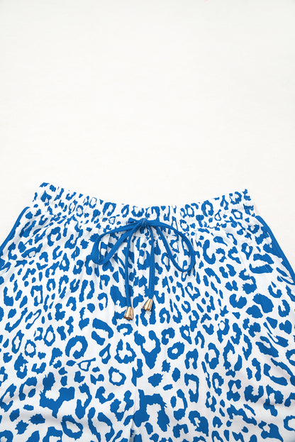 White Leopard Elastic Waist Lace up Contrast Trim Casual Shorts