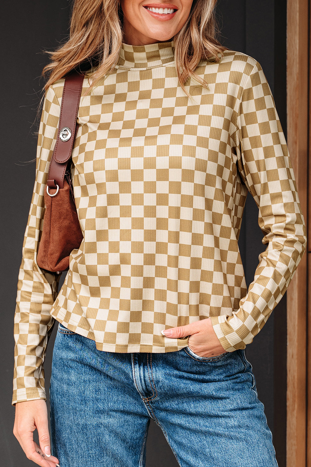 Khaki Check Pattern Turtleneck Ribbed Slim Long Sleeve Tee  Jo