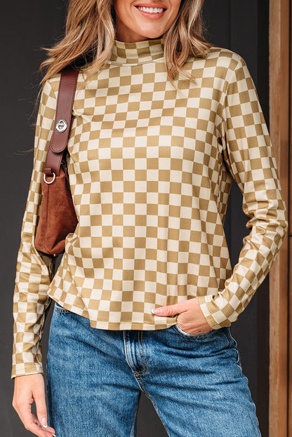 Khaki Check Pattern Turtleneck Ribbed Slim Long Sleeve Tee  Jo