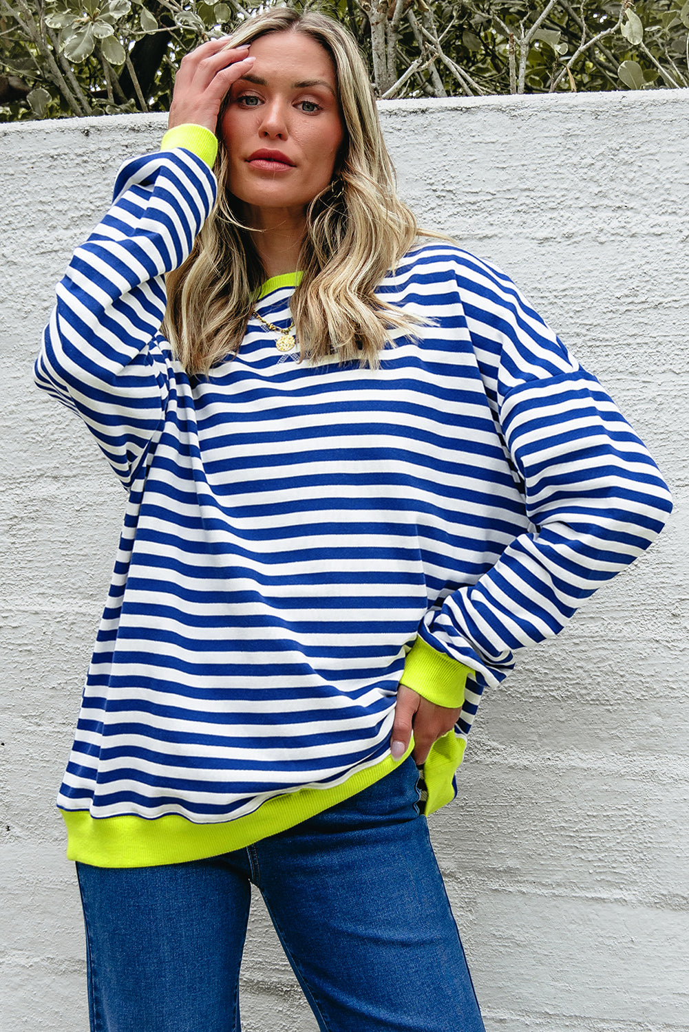 Blue Stripe Contrast Ribbed Trim Crossed Stitch Drop Shoulder Sweatshirt