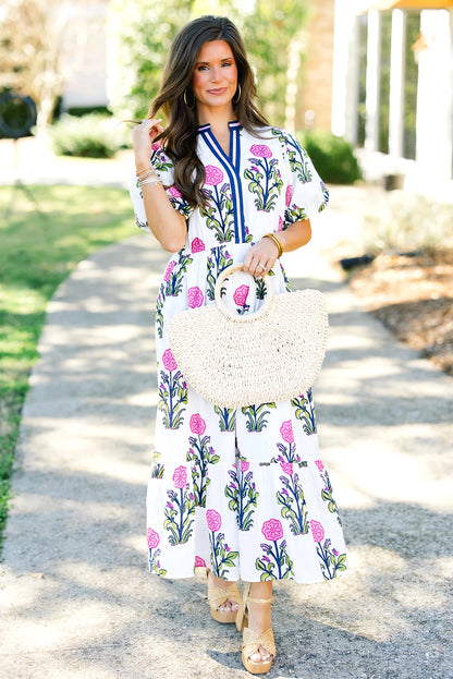 Sky Blue Floral Puff Short Sleeve V Neck High Waist Maxi Dress