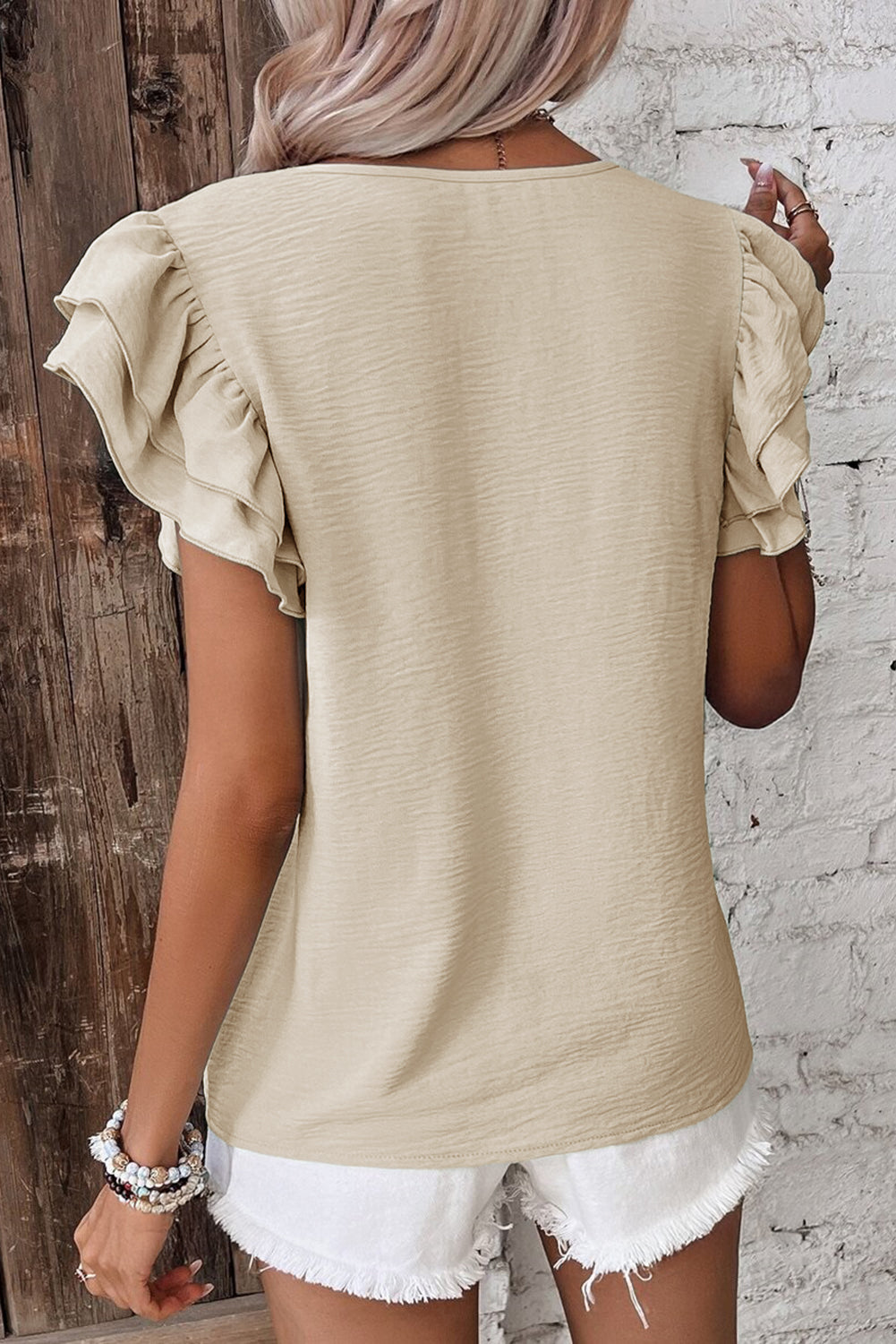 Mist Blue Solid Color Ruffled Short Sleeve Casual Blouse