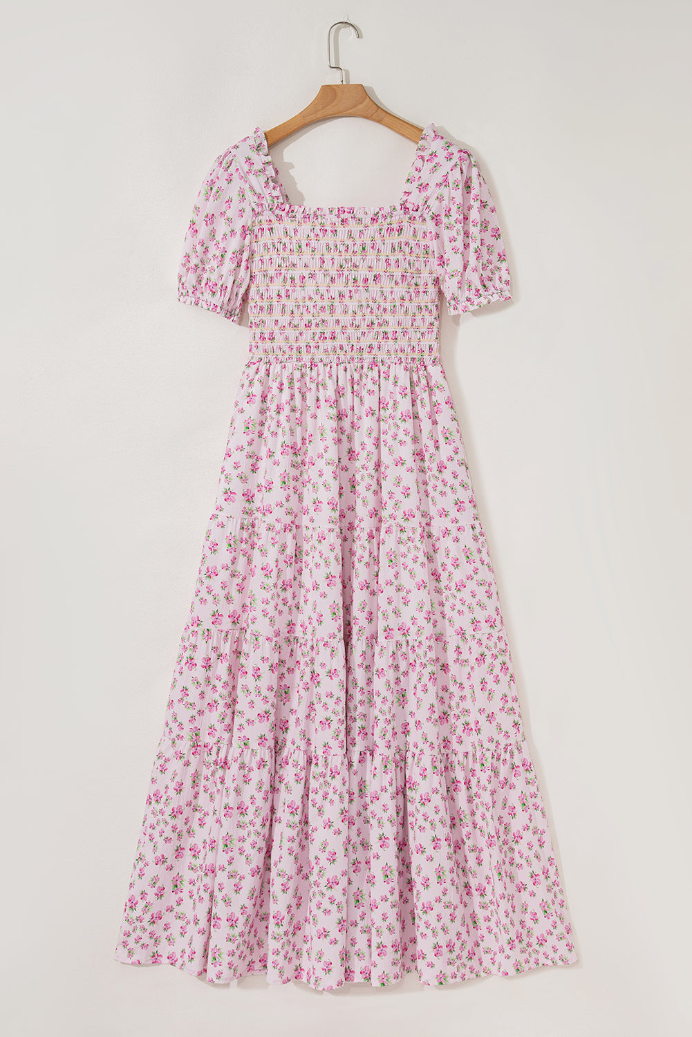 White Frilly Shirred Bodice Tiered Floral Maxi Dress