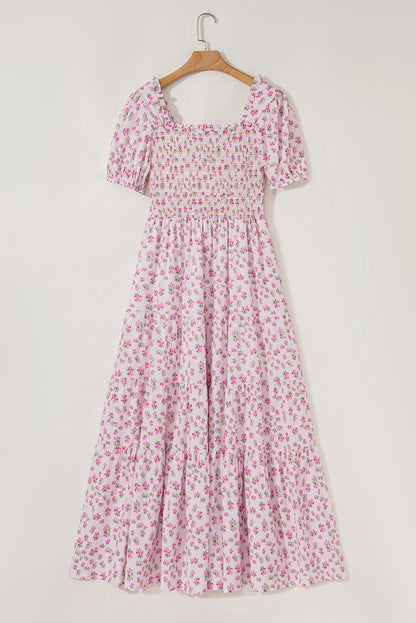 White Frilly Shirred Bodice Tiered Floral Maxi Dress