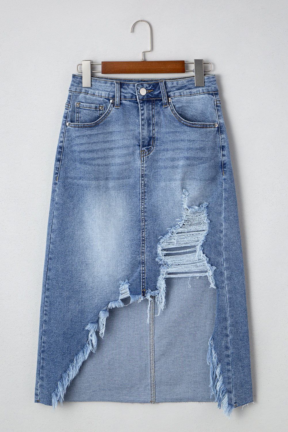 Myosotis Irregular Distressed Bottom Denim Midi Skirt