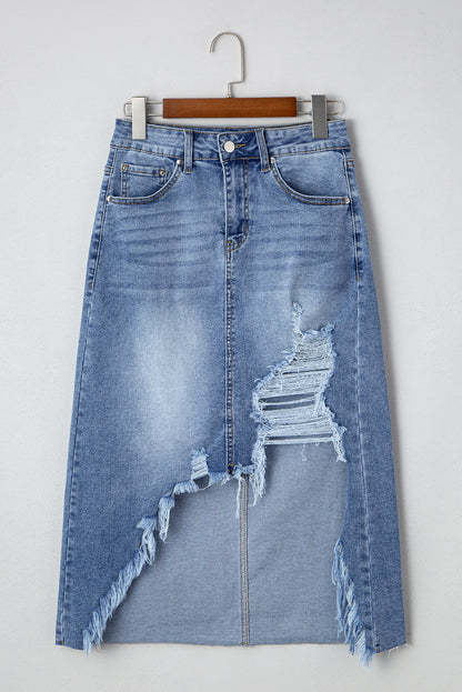 Myosotis Irregular Distressed Bottom Denim Midi Skirt