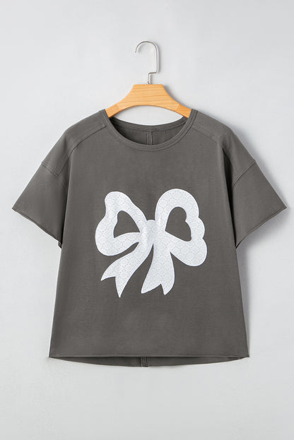 Medium Grey Lace Bow Raw Edge Drop Shoulder Casual T Shirt
