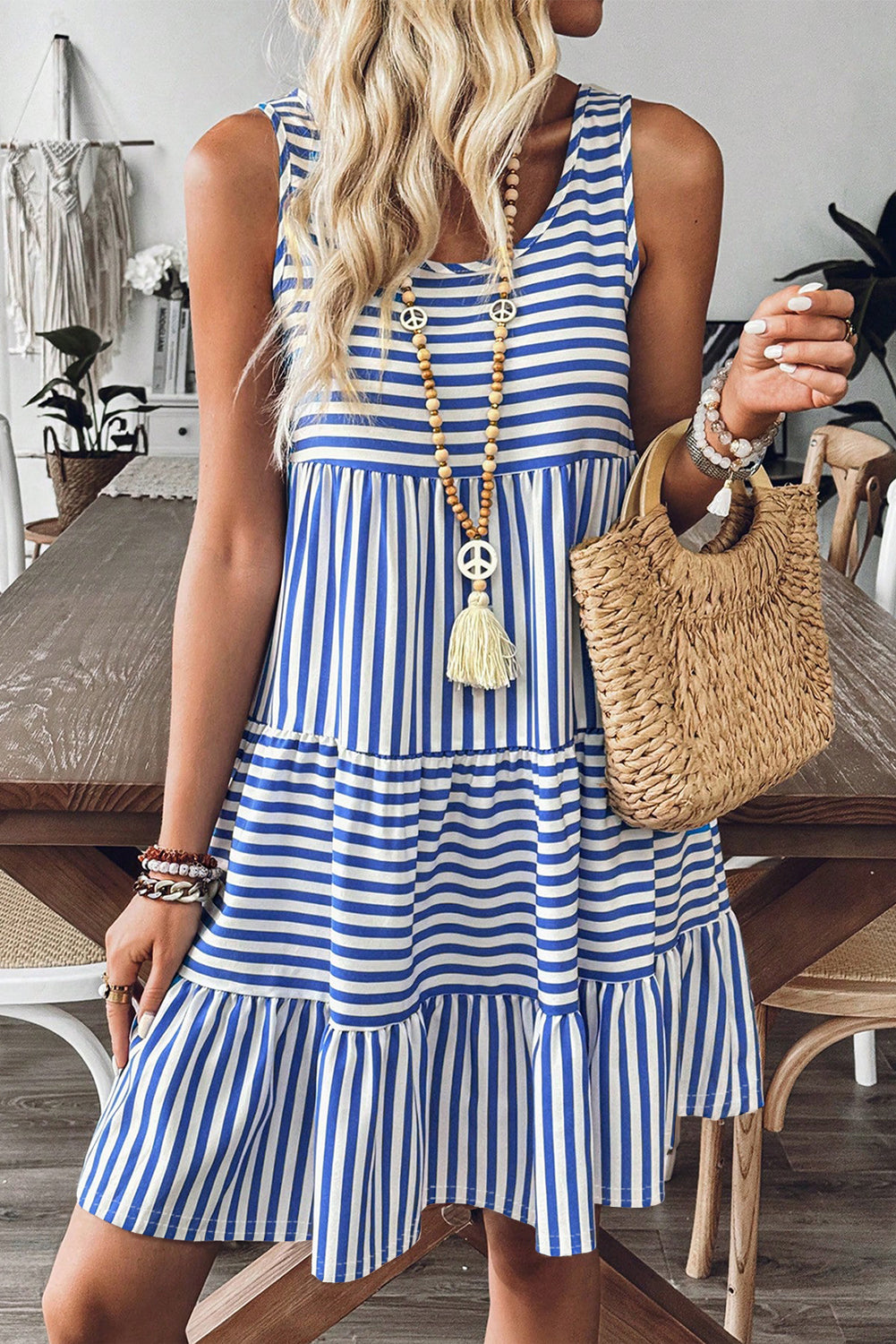 Black Stripe U Neck Sleeveless Loose Fit Mini Dress