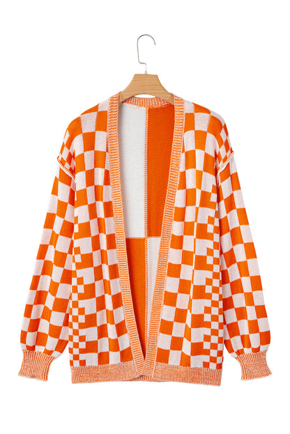 Black Checkered Open Front Drop Shoulder Cardigan
