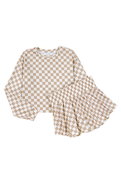 Khaki Checkered Long Sleeve Crop Top High Waist Skort 2pcs Set