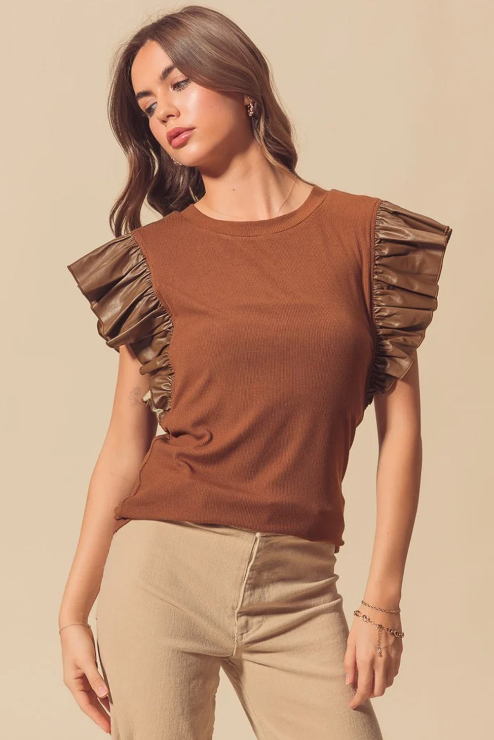 Black Leather Ruffle Sleeve Patchwork Round Neck Blouse