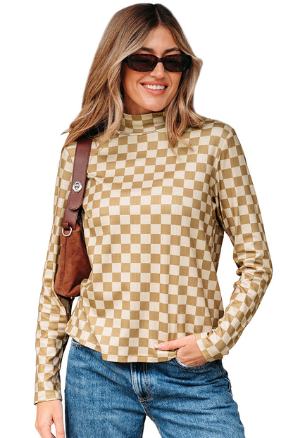 Khaki Check Pattern Turtleneck Ribbed Slim Long Sleeve Tee  Jo