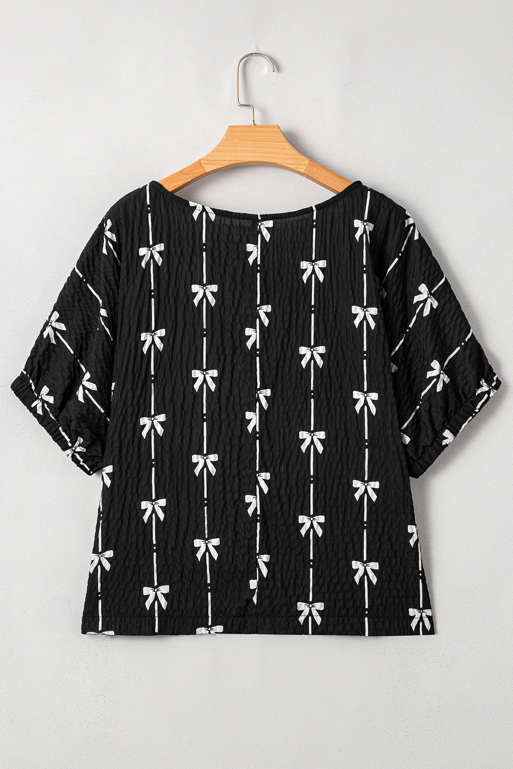 Beige Bow Print Puff Short Sleeve Top