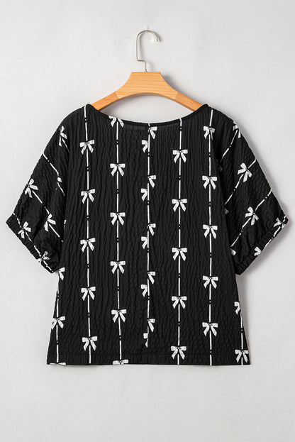 Beige Bow Print Puff Short Sleeve Top