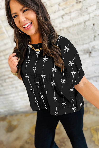 Beige Bow Print Puff Short Sleeve Top