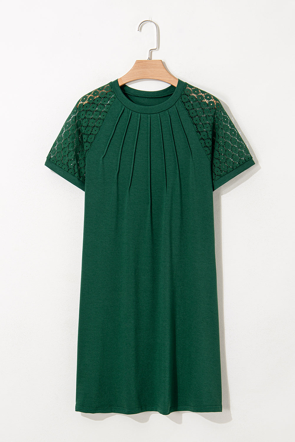 Black Contrast Lace Raglan Sleeve Pleated Detail Shift Dress