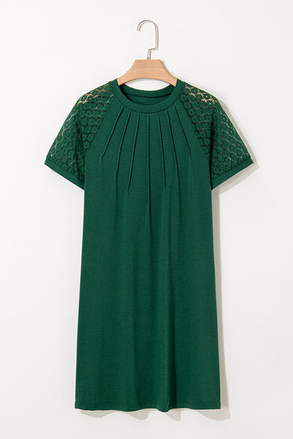 Black Contrast Lace Raglan Sleeve Pleated Detail Shift Dress